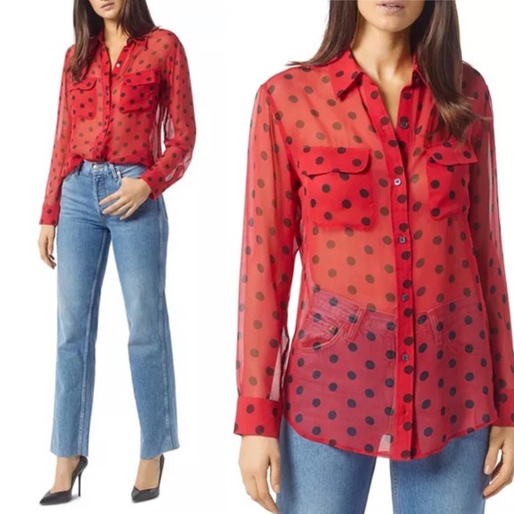 Equipment Tops - Equipment Femme Silk Red Polka Dot Top Size S